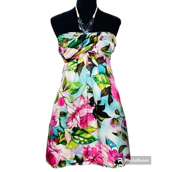 Andrea Behar Womens Mini Dress Halter Beaded Neckline Floral Multicolor Size 4 - Picture 1 of 7